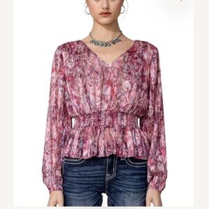 Miss Me Fuschia Ruffled Floral Blouse, Size L, NWT